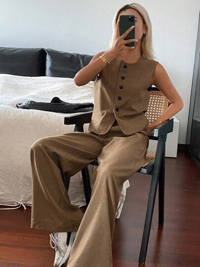 DAZY طقم بنطلون واسع الساق وسترة بلون أحادي للنساء، موسم الخريف