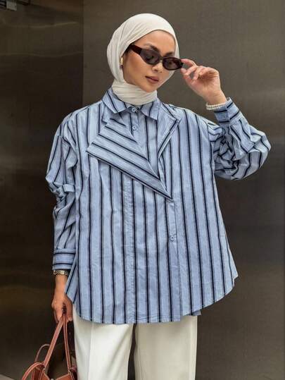 DAZY قميص نسائي مريح فضفاض مخطط 2 في 1، ملابس نسائية للخريف