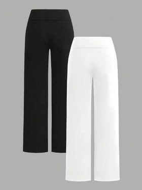 SHEIN EZwear قطعتان من البنطلونات الواسعة ذات الخصر العالي والساق المستقيمة بنمط الحصان للنساء، باللونين الأسود والأبيض، مناسبة للصيف