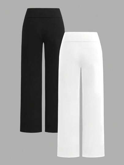 SHEIN EZwear قطعتان من البنطلونات الواسعة ذات الخصر العالي والساق المستقيمة بنمط الحصان للنساء، باللونين الأسود والأبيض، مناسبة للصيف