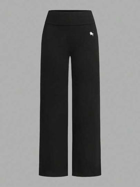 SHEIN EZwear قطعتان من البنطلونات الواسعة ذات الخصر العالي والساق المستقيمة بنمط الحصان للنساء، باللونين الأسود والأبيض، مناسبة للصيف