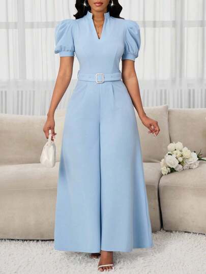 SHEIN Lady بذلة نسائية أنيقة بأكمام منتفخة وياقة واقفة وياقة على شكل حرف V وخصر نحيف وحزام معدني ضيق، مناسبة للعطلات والتنقل، بساقات واسعة وقصة على شكل حرف A، قابلة للارتداء في جميع المواسم، مناسبة لحضور حفلات الزفاف