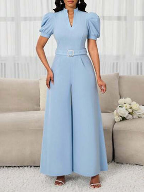 SHEIN Lady بذلة نسائية أنيقة بأكمام منتفخة وياقة واقفة وياقة على شكل حرف V وخصر نحيف وحزام معدني ضيق، مناسبة للعطلات والتنقل، بساقات واسعة وقصة على شكل حرف A، قابلة للارتداء في جميع المواسم، مناسبة لحضور حفلات الزفاف