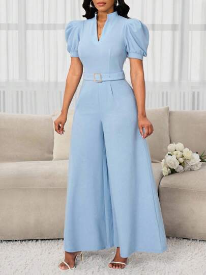 SHEIN Lady بذلة نسائية أنيقة بأكمام منتفخة وياقة واقفة وياقة على شكل حرف V وخصر نحيف وحزام معدني ضيق، مناسبة للعطلات والتنقل، بساقات واسعة وقصة على شكل حرف A، قابلة للارتداء في جميع المواسم، مناسبة لحضور حفلات الزفاف