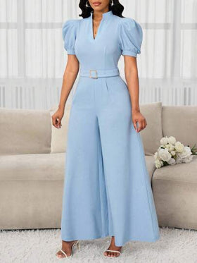 SHEIN Lady بذلة نسائية أنيقة بأكمام منتفخة وياقة واقفة وياقة على شكل حرف V وخصر نحيف وحزام معدني ضيق، مناسبة للعطلات والتنقل، بساقات واسعة وقصة على شكل حرف A، قابلة للارتداء في جميع المواسم، مناسبة لحضور حفلات الزفاف