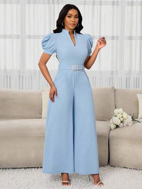 SHEIN Lady بذلة نسائية أنيقة بأكمام منتفخة وياقة واقفة وياقة على شكل حرف V وخصر نحيف وحزام معدني ضيق، مناسبة للعطلات والتنقل، بساقات واسعة وقصة على شكل حرف A، قابلة للارتداء في جميع المواسم، مناسبة لحضور حفلات الزفاف