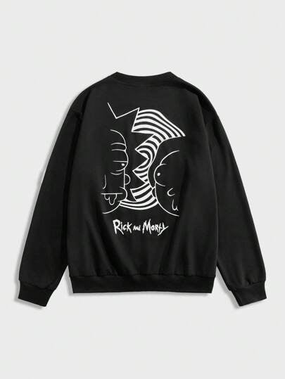 Rick and Morty X SHEIN بلوزة رجالية بياقة طاقم وأكمام طويلة مطبوع عليها شخصية كرتونية باللون الأسود، بطراز إيمو وطراز 2000