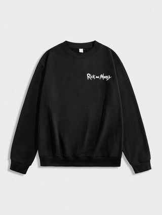 Rick and Morty X SHEIN بلوزة رجالية بياقة طاقم وأكمام طويلة مطبوع عليها شخصية كرتونية باللون الأسود، بطراز إيمو وطراز 2000