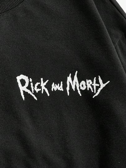 Rick and Morty X SHEIN بلوزة رجالية بياقة طاقم وأكمام طويلة مطبوع عليها شخصية كرتونية باللون الأسود، بطراز إيمو وطراز 2000