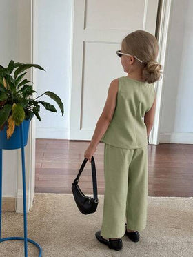 SHEIN طقم ملابس علوية بدون أكمام بياقة طاقم وبنطال ساق مستقيمة، كاجوال للنساء الشابات، فرنسي