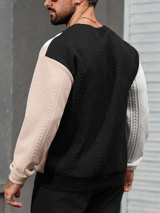 Manfinity Homme بلوفر هودي رجالي، نمط شارع ناضج نسيج معالج تصميم لوحة ألوان متباينة قمصان محبوكة رجالية قمصان رجالية طويلة الأكمام بلوفر للرجال بلوزة رجالية محبوكة