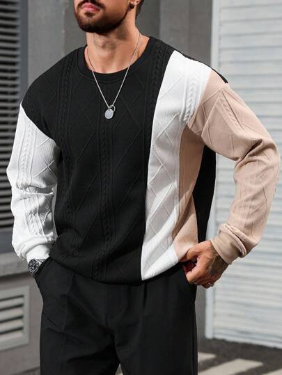 Manfinity Homme بلوفر هودي رجالي، نمط شارع ناضج نسيج معالج تصميم لوحة ألوان متباينة قمصان محبوكة رجالية قمصان رجالية طويلة الأكمام بلوفر للرجال بلوزة رجالية محبوكة
