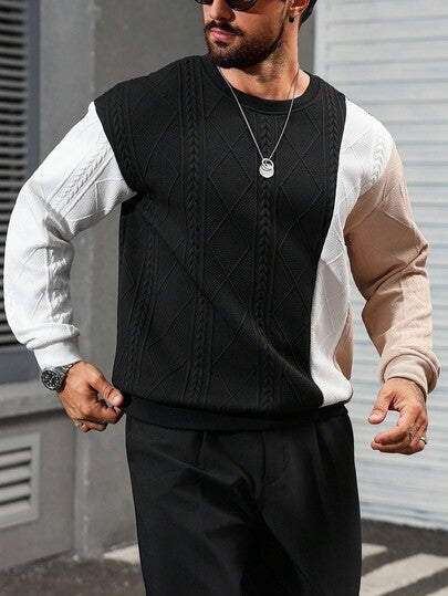 Manfinity Homme بلوفر هودي رجالي، نمط شارع ناضج نسيج معالج تصميم لوحة ألوان متباينة قمصان محبوكة رجالية قمصان رجالية طويلة الأكمام بلوفر للرجال بلوزة رجالية محبوكة