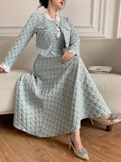 Modelyn اليوم الوطني السعودي مجموعة فستان سترة جاكار أنيقة قطعتان