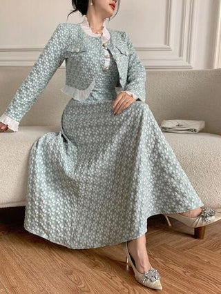 Modelyn اليوم الوطني السعودي مجموعة فستان سترة جاكار أنيقة قطعتان