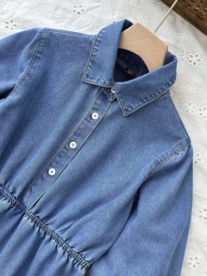 SHEIN فستان قميص جينز أزرق للفتيات المراهقات