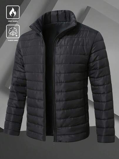 Manfinity Homme معطف شتوي كاجوال بسحاب للرجال أحادي اللون