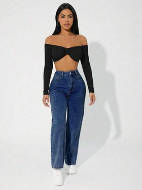 SHEIN PETITE بنطلون جينز أرجل مستقيمة ألوان متماسكة متعددة الاستخدامات عصري