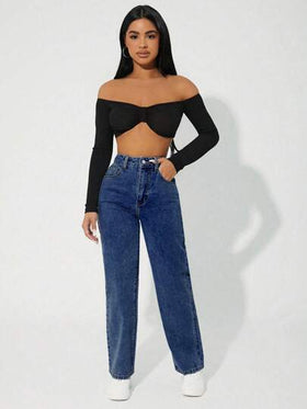 SHEIN PETITE بنطلون جينز أرجل مستقيمة ألوان متماسكة متعددة الاستخدامات عصري