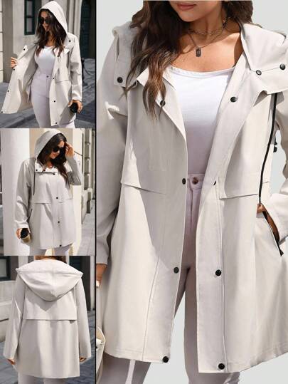 EMERY ROSE معطف كاجوال أنثوي بياقة واحدة وأكمام طويلة وقبعة للمقاسات الكبيرة، بتصميم بسيط للاستخدام اليومي والخروج، معطف طويل بقبعة للنساء، معطف ترينش للنساء مع قبعة، ملابس خريفية للنساء