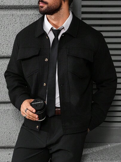 Manfinity Homme معطف رجالي كاجوال من خليط الصوف ذو لون أحادي، جاكيت رجالي أسود كاجوال، جاكيت صوفي رجالي