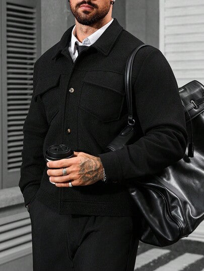 Manfinity Homme معطف رجالي كاجوال من خليط الصوف ذو لون أحادي، جاكيت رجالي أسود كاجوال، جاكيت صوفي رجالي