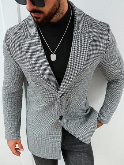Manfinity Homme معطف كاجوال أحادي الصدر بياقة مربعات وأكمام طويلة للرجال