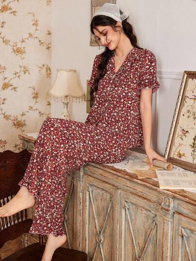 CottageSlumber طقم بيجامة نسائي مريح متعدد الألوان بطبعة نباتية رومانسية، بتصميم ياقة وطول عادي، مجموعة ملابس منزلية للنساء، طقم بيجامة بنقشة زهور للنساء، بيجامة ليلية للسيدات