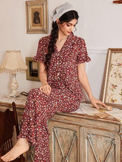 CottageSlumber طقم بيجامة نسائي مريح متعدد الألوان بطبعة نباتية رومانسية، بتصميم ياقة وطول عادي، مجموعة ملابس منزلية للنساء، طقم بيجامة بنقشة زهور للنساء، بيجامة ليلية للسيدات