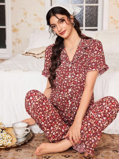 CottageSlumber طقم بيجامة نسائي مريح متعدد الألوان بطبعة نباتية رومانسية، بتصميم ياقة وطول عادي، مجموعة ملابس منزلية للنساء، طقم بيجامة بنقشة زهور للنساء، بيجامة ليلية للسيدات