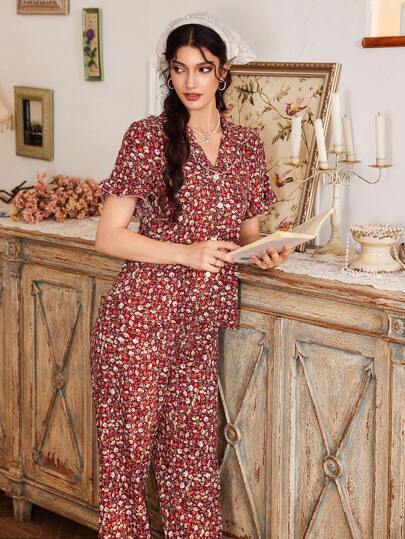 CottageSlumber طقم بيجامة نسائي مريح متعدد الألوان بطبعة نباتية رومانسية، بتصميم ياقة وطول عادي، مجموعة ملابس منزلية للنساء، طقم بيجامة بنقشة زهور للنساء، بيجامة ليلية للسيدات