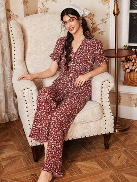 CottageSlumber طقم بيجامة نسائي مريح متعدد الألوان بطبعة نباتية رومانسية، بتصميم ياقة وطول عادي، مجموعة ملابس منزلية للنساء، طقم بيجامة بنقشة زهور للنساء، بيجامة ليلية للسيدات