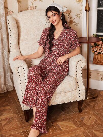 CottageSlumber طقم بيجامة نسائي مريح متعدد الألوان بطبعة نباتية رومانسية، بتصميم ياقة وطول عادي، مجموعة ملابس منزلية للنساء، طقم بيجامة بنقشة زهور للنساء، بيجامة ليلية للسيدات