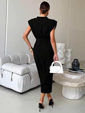 Lavishia فستان متوسط الطول بأكمام دولمان وياقة على شكل حرف V، تصميم أنيق أسود طويل بأكتاف واسعة وياقة عميقة على شكل حرف V، أنيق وجذاب وبسيط وعملي للارتداء اليومي، ملابس أنيقة وممشطة للعطلات الصيفية، فساتين صيفية للنساء، فساتين التخرج