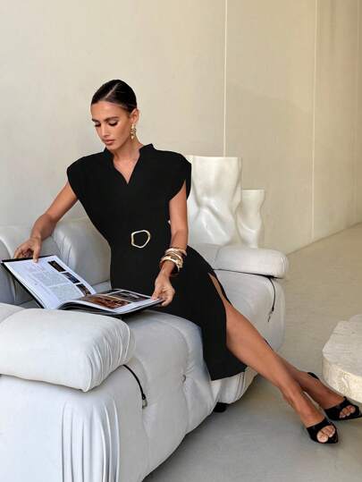 Lavishia فستان متوسط الطول بأكمام دولمان وياقة على شكل حرف V، تصميم أنيق أسود طويل بأكتاف واسعة وياقة عميقة على شكل حرف V، أنيق وجذاب وبسيط وعملي للارتداء اليومي، ملابس أنيقة وممشطة للعطلات الصيفية، فساتين صيفية للنساء، فساتين التخرج