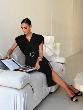 Lavishia فستان متوسط الطول بأكمام دولمان وياقة على شكل حرف V، تصميم أنيق أسود طويل بأكتاف واسعة وياقة عميقة على شكل حرف V، أنيق وجذاب وبسيط وعملي للارتداء اليومي، ملابس أنيقة وممشطة للعطلات الصيفية، فساتين صيفية للنساء، فساتين التخرج