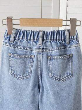 SHEIN Vintaside Kids بنطلون جينز أزرق مطرز بالزهور بقصة مريحة للفتيات (صغير)، بنطلون كاجوال بطراز عتيق وحلو للعطلات