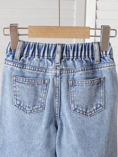 SHEIN Vintaside Kids بنطلون جينز أزرق مطرز بالزهور بقصة مريحة للفتيات (صغير)، بنطلون كاجوال بطراز عتيق وحلو للعطلات