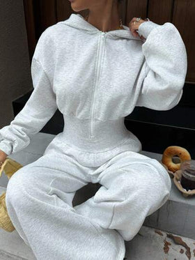 SHEIN EZwear جمبسوت نسائية كاجوال رمادية الكتف منسدلة بأكمام طويلة وسحاب أمامي مع قبعة