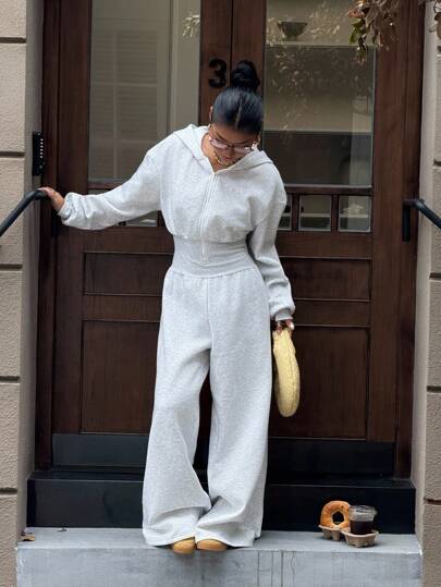 SHEIN EZwear جمبسوت نسائية كاجوال رمادية الكتف منسدلة بأكمام طويلة وسحاب أمامي مع قبعة