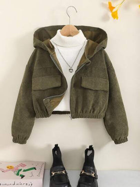 SHEIN جاكيت كاجوال مقصرة مع كابوشون وأكتاف متدلية من الكوردروي للفتيات المراهقات