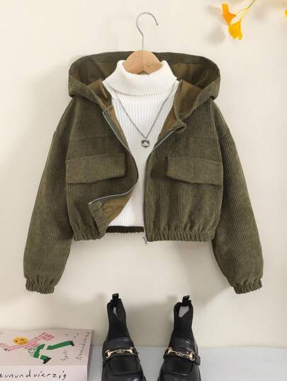 SHEIN جاكيت كاجوال مقصرة مع كابوشون وأكتاف متدلية من الكوردروي للفتيات المراهقات