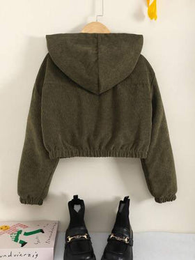 SHEIN جاكيت كاجوال مقصرة مع كابوشون وأكتاف متدلية من الكوردروي للفتيات المراهقات
