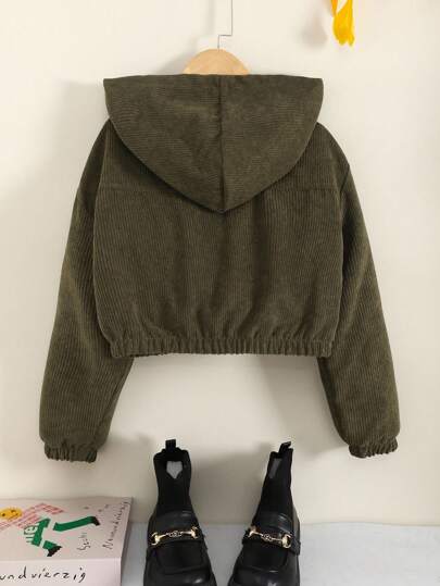 SHEIN جاكيت كاجوال مقصرة مع كابوشون وأكتاف متدلية من الكوردروي للفتيات المراهقات