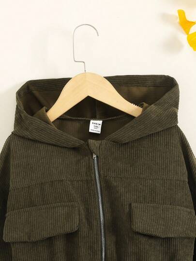 SHEIN جاكيت كاجوال مقصرة مع كابوشون وأكتاف متدلية من الكوردروي للفتيات المراهقات