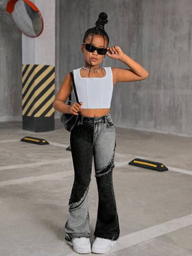 SHEIN بنطلون جينز طويل مع جيب أمامي وإغلاق أمامي بسيط باللون الرمادي بلوك لكبار المراهقات