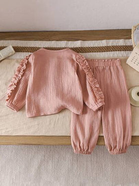 SHEIN طقم قطني كاجوال لطفلة رضيعة من عمر 0-3 سنوات، قميص وردي بأكمام كشكشة وبنطال طويل، للخريف/الشتاء