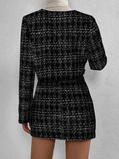 SHEIN Clasi جاكيت قصير مربعات ملونة أزرار أمامية و تنورة