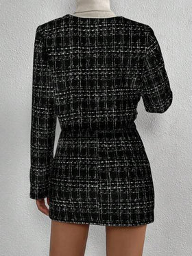 SHEIN Clasi جاكيت قصير مربعات ملونة أزرار أمامية و تنورة