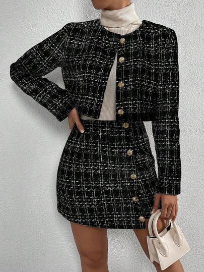 SHEIN Clasi جاكيت قصير مربعات ملونة أزرار أمامية و تنورة